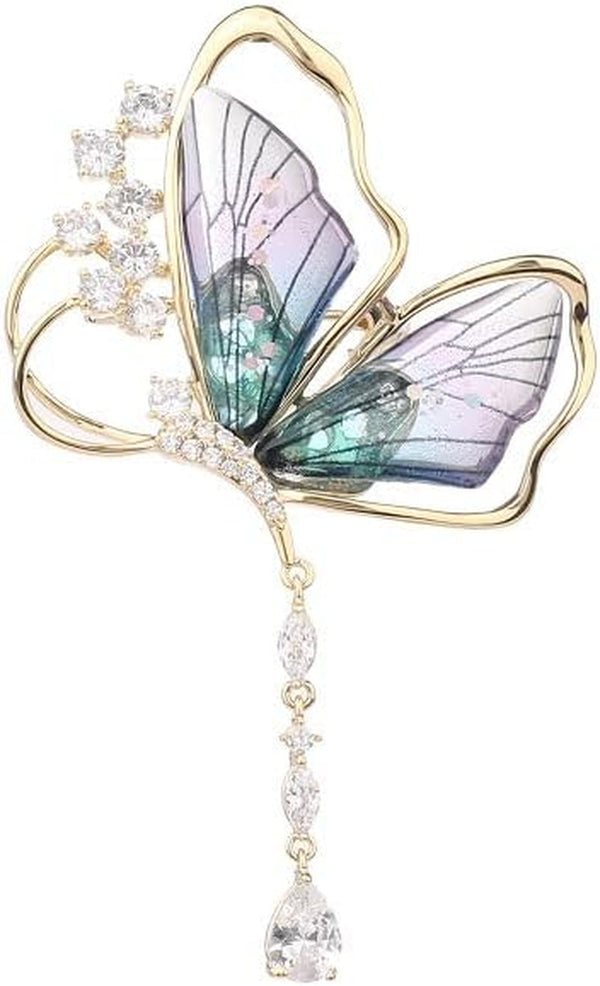 Diamond Inlaid Purple Butterfly Tassel Brooch with High-End Feel, Semi Transparent Insect Butterfly Breast Flower