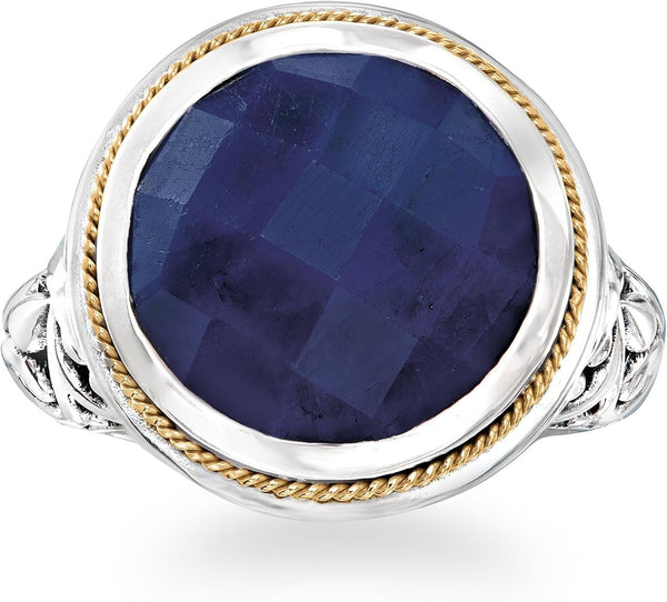 15.00 Carat Sapphire Bali-Style Ring in Sterling Silver and 18Kt Yellow Gold. Size 6