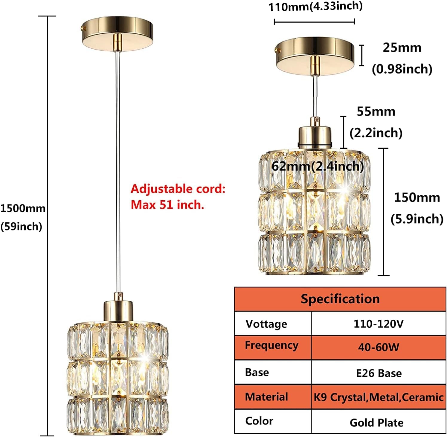 Gold Crystal Pendant Light, Pendant Lights Kitchen Island 3 Pack, Adjustable Modern Pendant Light, Hanging Light Fixtures for Dining Room Entryway Living Room Bar