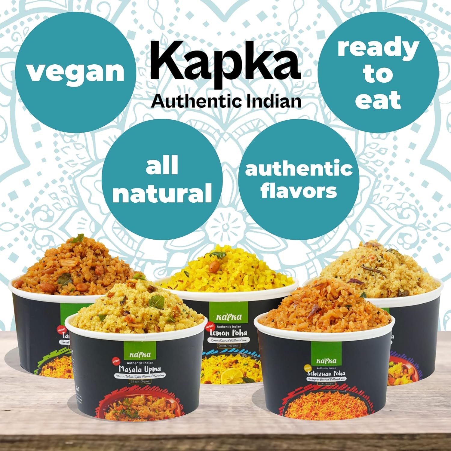 Assorted Variety Indian Meals - 5 Pack - Ready to Eat Authentic Vegan Prepared Food - Just Add Water - Microwaveable Plant-Based Snacks for Breakfast, Lunch, Non-Gmo, No Additives - 3.5Oz Each