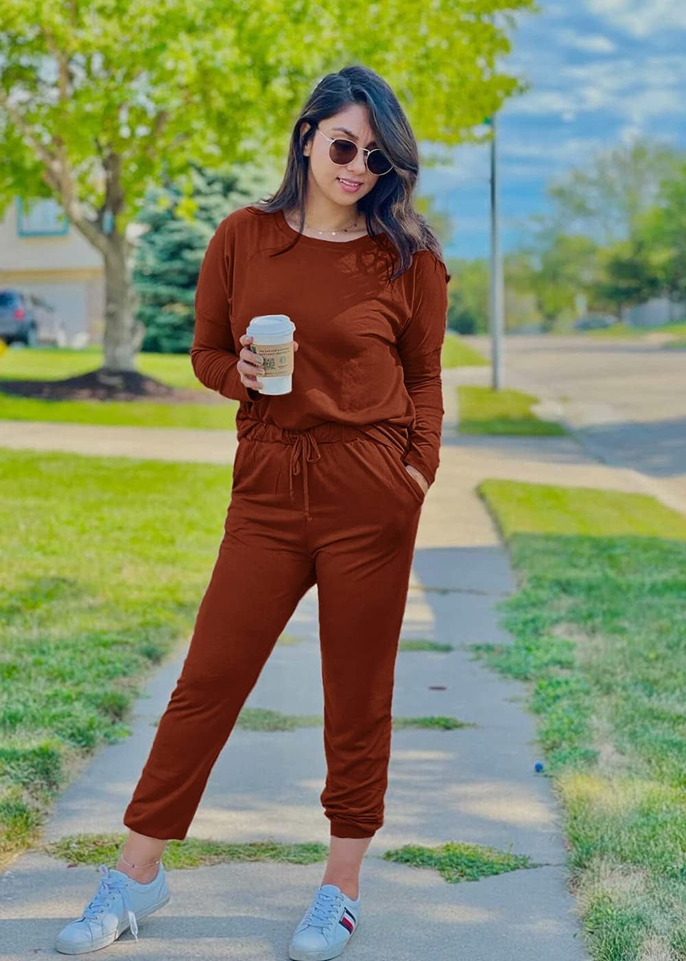 Women'S Fall 2 Piece Lounge Outfit Long Sleeve Crewneck Pullover Tops High Waisted Pants Set Tracksuit