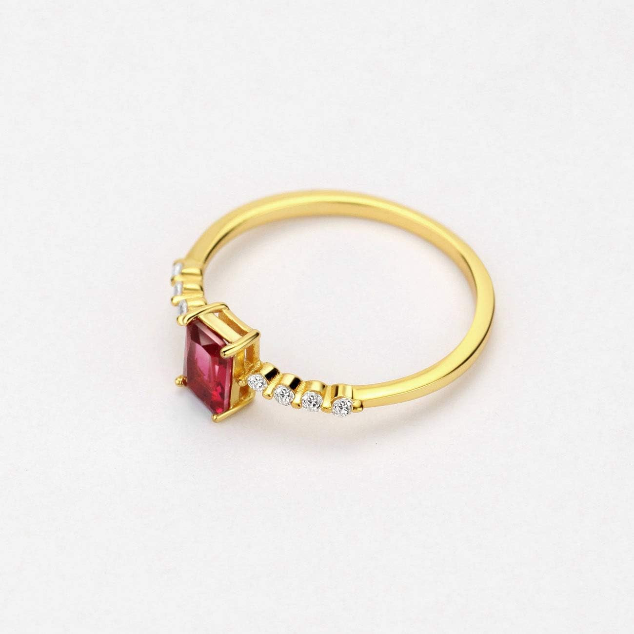 S925 Dainty Baguette Birthstone Rings CZ Band Rings Ruby 18K Gold Plated Sterling Silver Fine Jewelry for Women