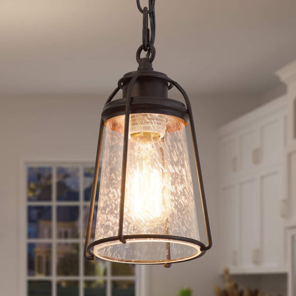 Farmhouse Pendant Lighting, Mini Rustic Hanging Light Fixture with Seeded Glass Shade for Kitchen Island, Foyer, Hallway, Bedroom and Entryway, Bronze