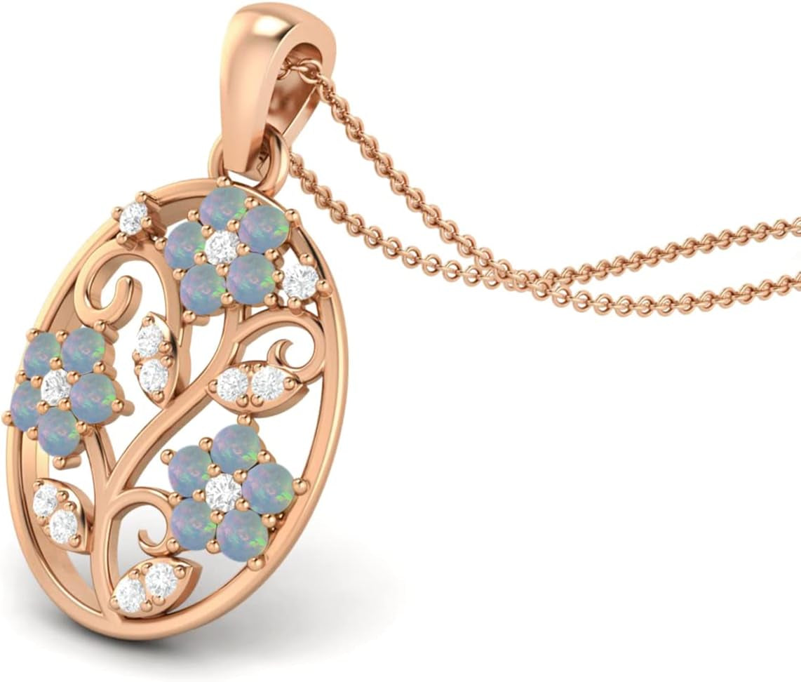 925 Sterling Silver Filigree Floral Natural round Ethiopian Opal & White Topaz Teardrop Charm Pendant Chain Necklace