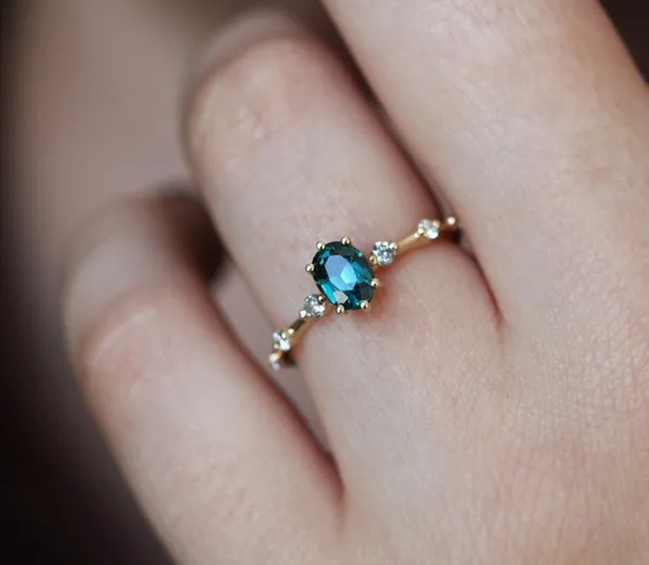 Teal Sapphire Ring, Peacock Engagement Ring, Ceylon Sapphire Diamond Ring, Oval Blue Ring
