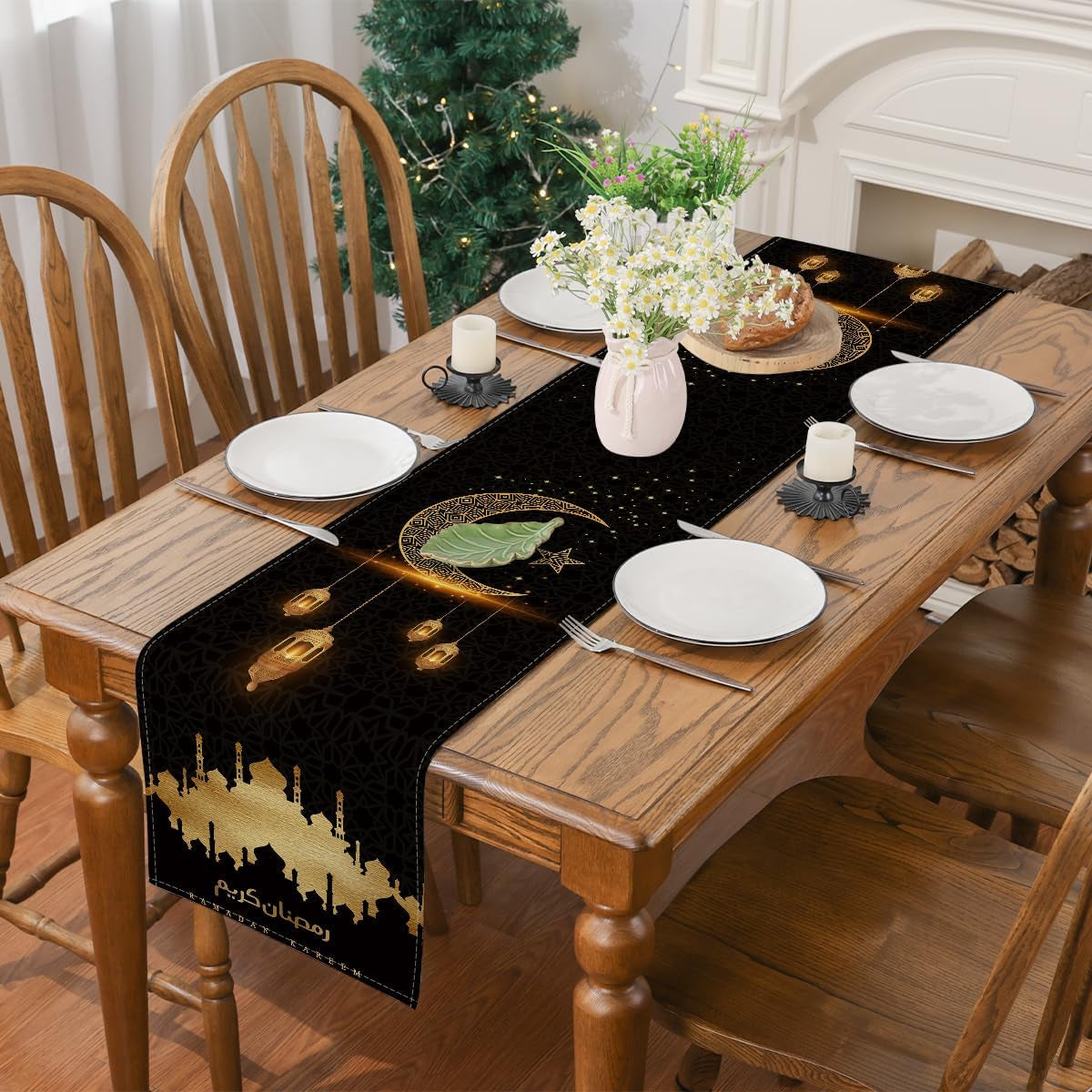 Ramadan Decorations for Home, Ramadan Table Runner Eid Mubarak Mosque Muslim Islamic Golden Moon Religious Table Runner Holiday Decor Dining Table Decoration (13'' X 36'')