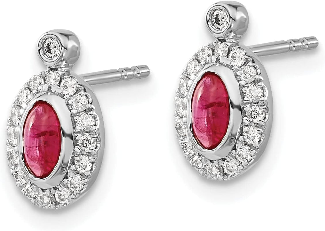 14K Solid White Gold Diamond Cabochon Red Ruby Stud Earrings Gemstone Post Push Back July Birthstone Jewelry