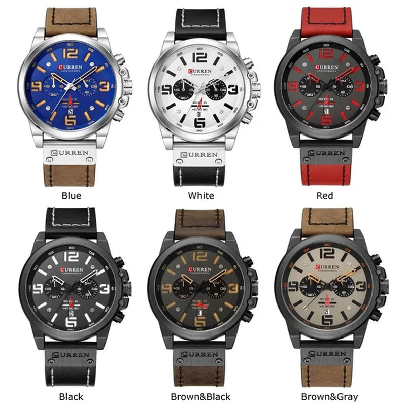 CURREN Men Quartz Watch Army Military Water-proof Calendar Chronograph Wristwatch Leather Strap Male Sport Watches
