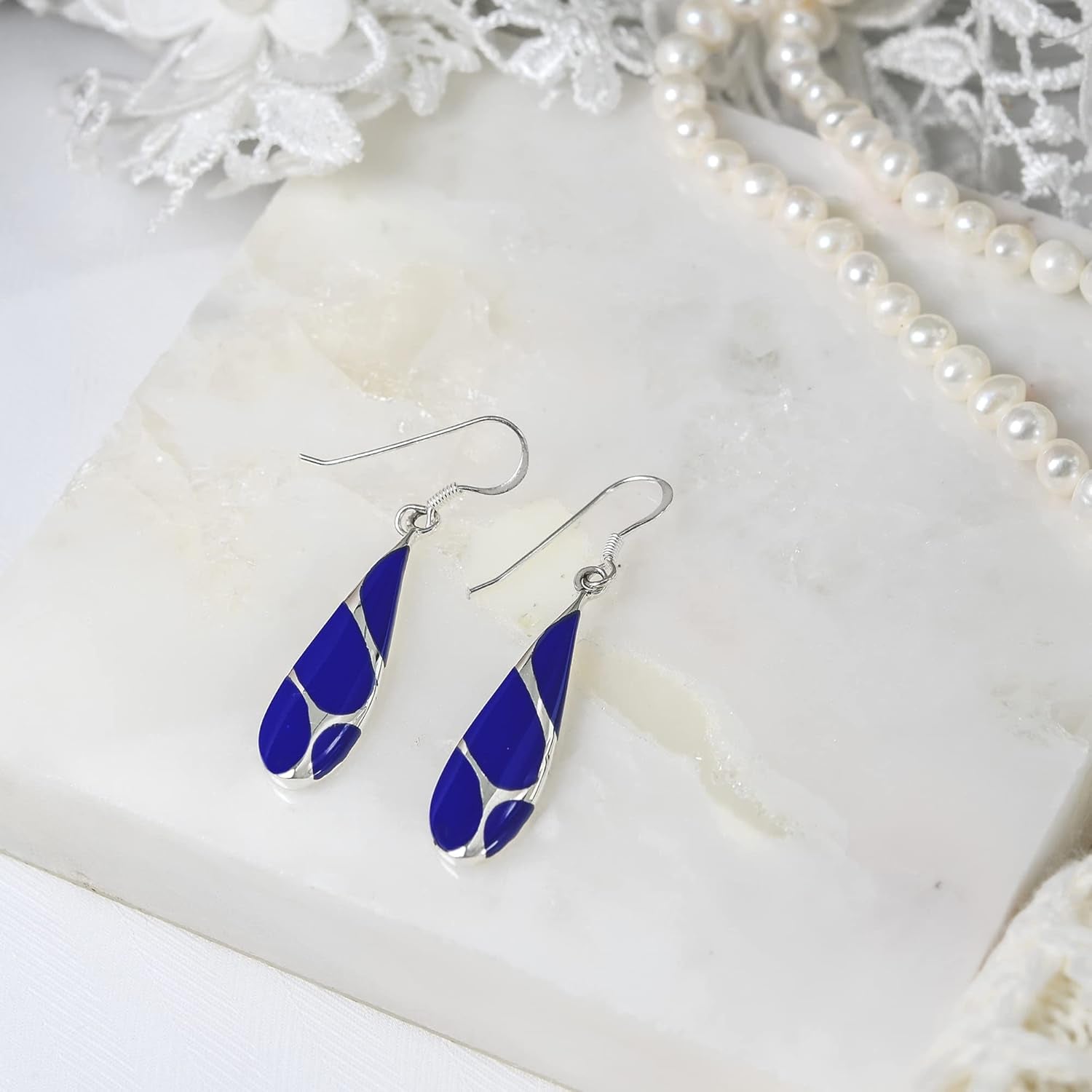 Vintage Lapis Streak Teardrop Birthstone Sterling Silver Earrings, 9X45 Mm