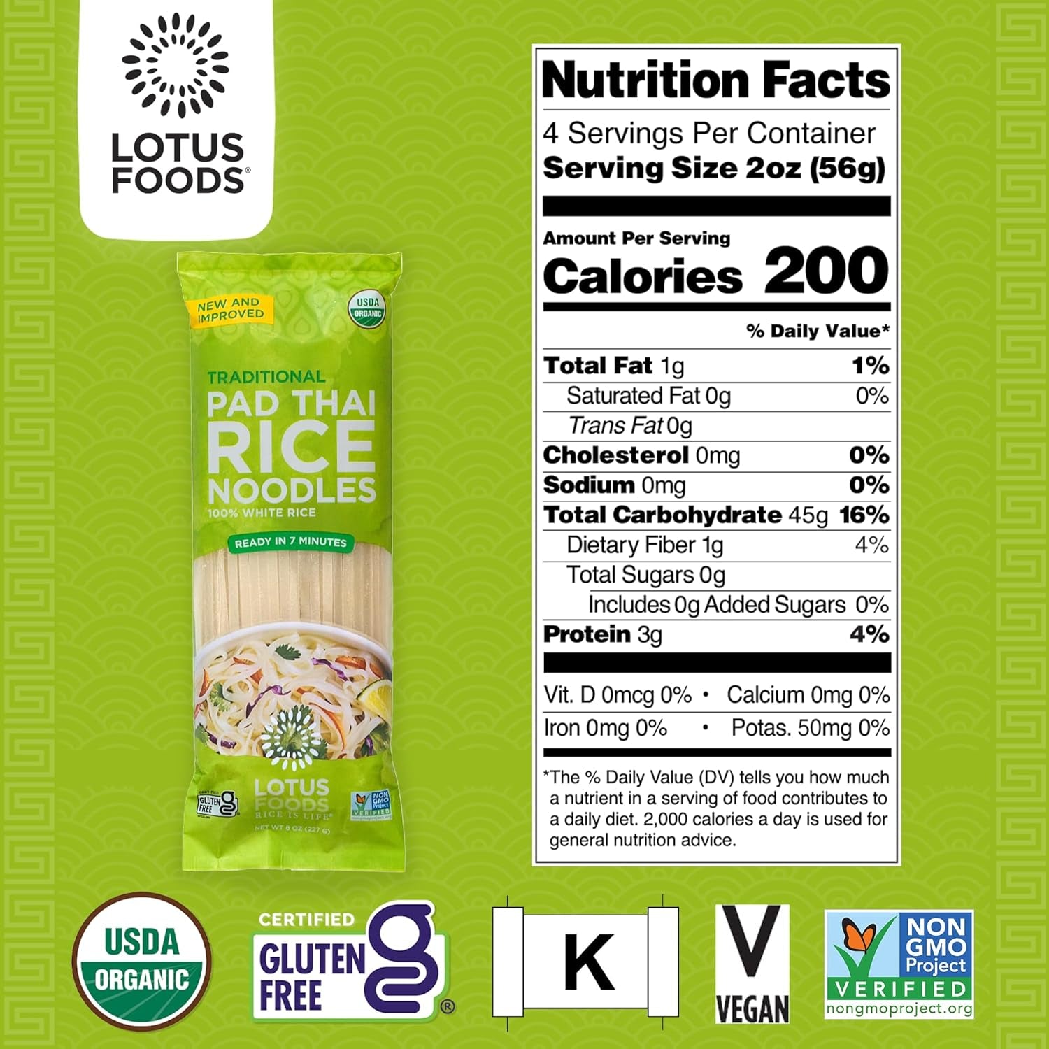 Traditional Pad Thai Rice Noodles - Pad Thai Noodles, Asian Noodles, Gluten Free Noodles, Rice Noodles, Whole Grain, Non GMO, USDA Organic - 8 Oz (Pack of 3)