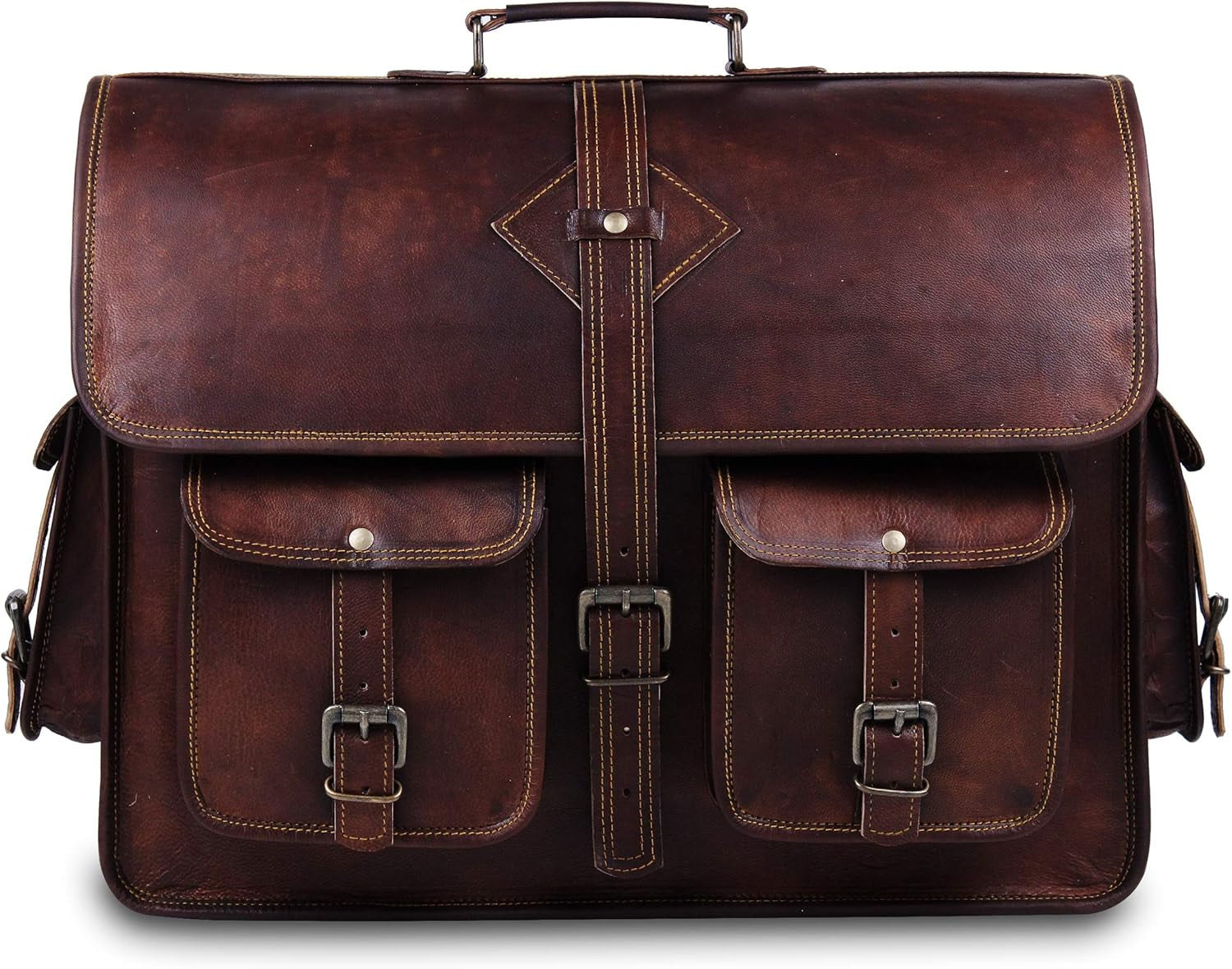 Vintage Leather Laptop Bag for Men Full Grain Large Leather Messenger Bag for Men 18 Inches with Rustic Look Brown Briefcase (Brown)