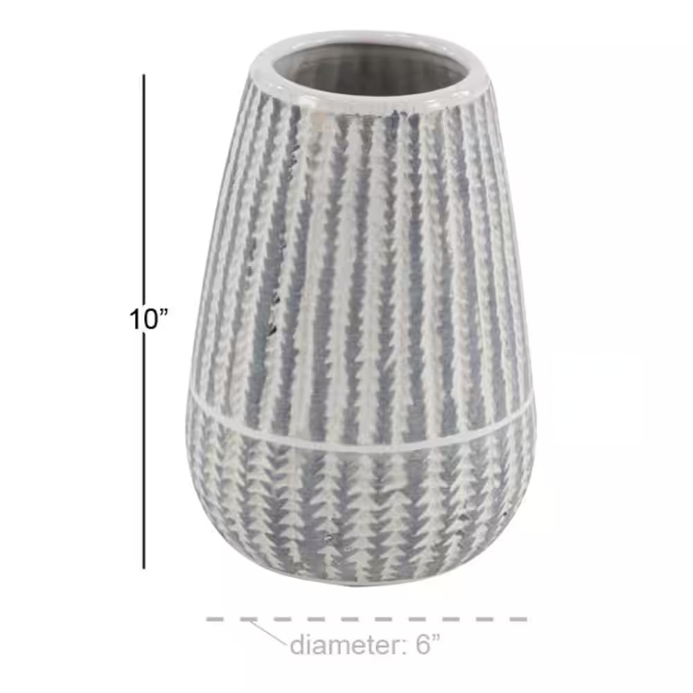 10 In. White Ceramic Decorative Vase with Stripes