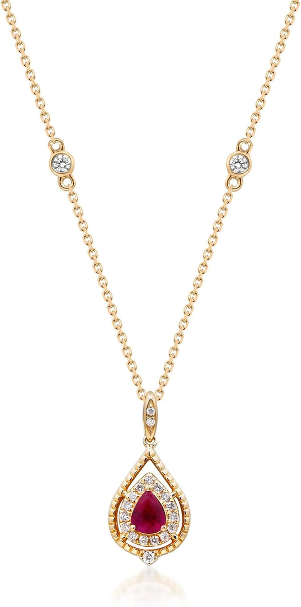 Women'S 14K Yellow Gold Mozambique Genuine Hot Pink Ruby Pendant with Diamonds (Pear-Cut) Shaped (QA0940P-BY)