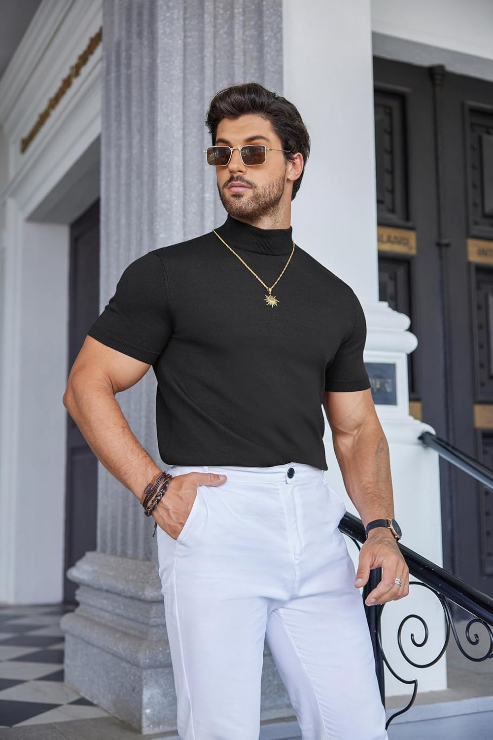 Mens Mock Turtleneck Sweater Short Sleeve Casual Dress Sweater Slim Fit Pullover Basic Knit Tee