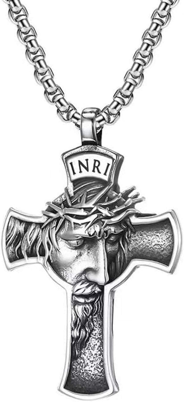 INRI Jesus Christ Necklace, Cross Pendant Necklace with Crown of Thorns Jesus