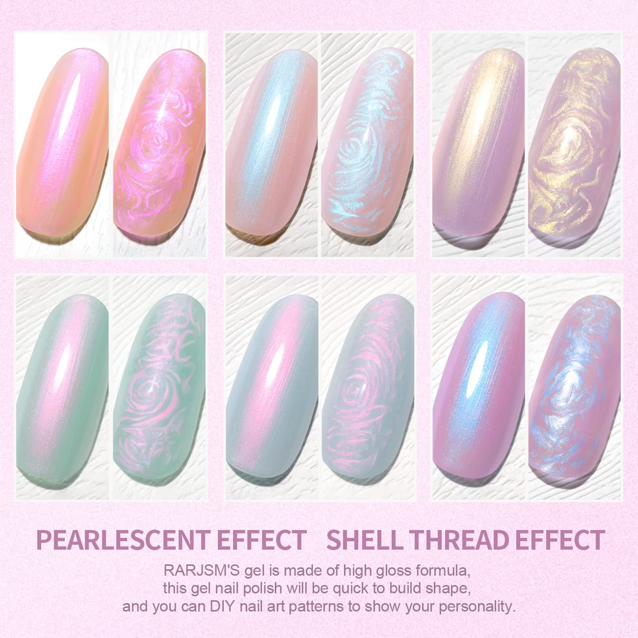 Pearl Gel Nail Polish - Glitter Pearlescent Shell Gel Polish in Pink, Beige, Blue, Green, Purple Shimmer Mermaid Swirl Thread Effect - Soak off LED UV Curing - DIY Manicure Use