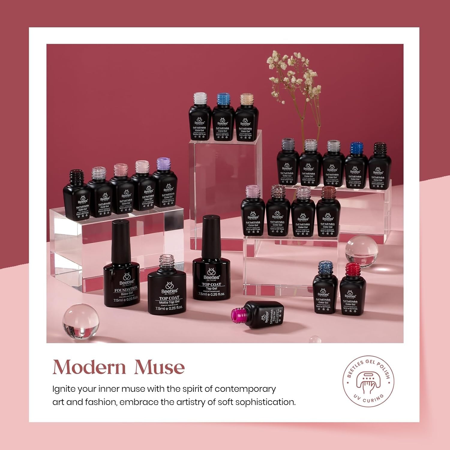 Beetles 23Pcs Gel Nail Polish Set with 3Pcs Base Matte Glossy Top Coat, Nude Gray Pink Blue Burgundy Glitter Gel Polish Kit Modern Muse Kit, Soak off Uv Gel for Women