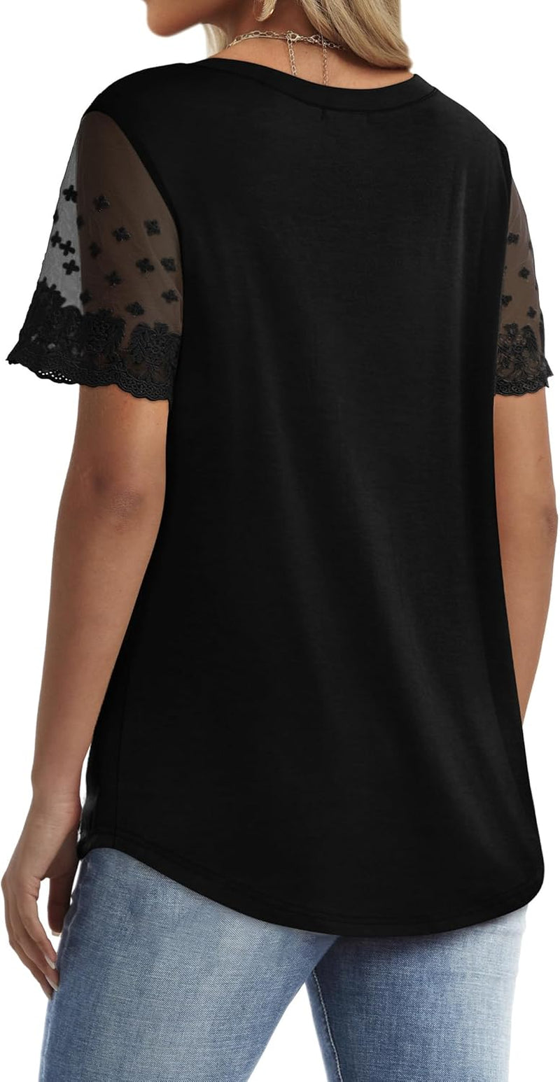 Casual V Neck T Shirts for Women Lace Short Sleeve Curved Hem Tops Loose Fit