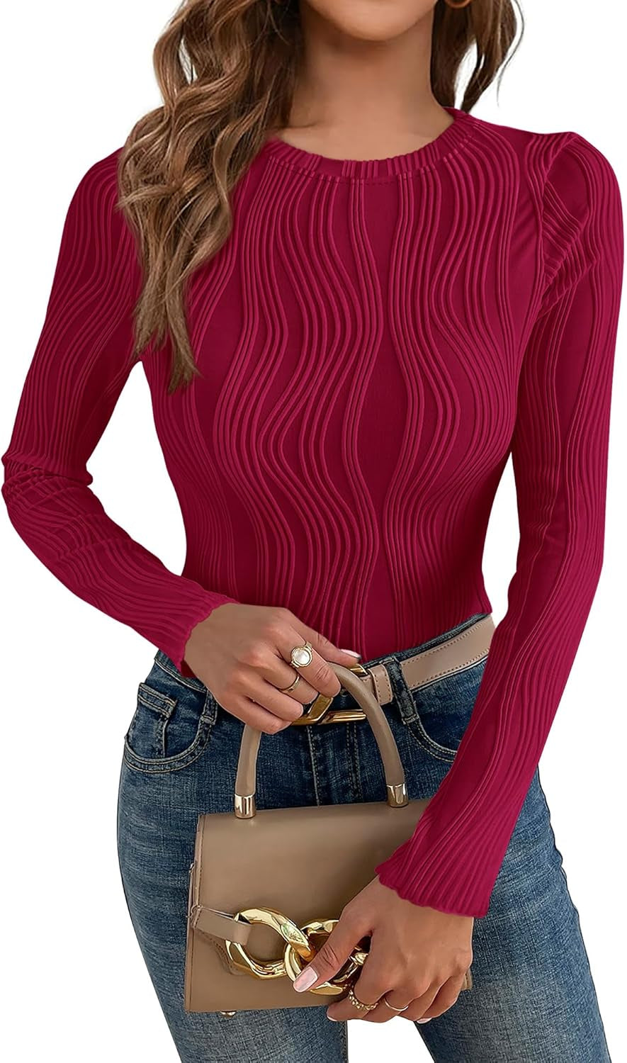 Women'S Tops 2025 Spring Fashion Long Sleeve Crewneck Blouses Slim Fit Shirts Textured Knit Basic T Shirts