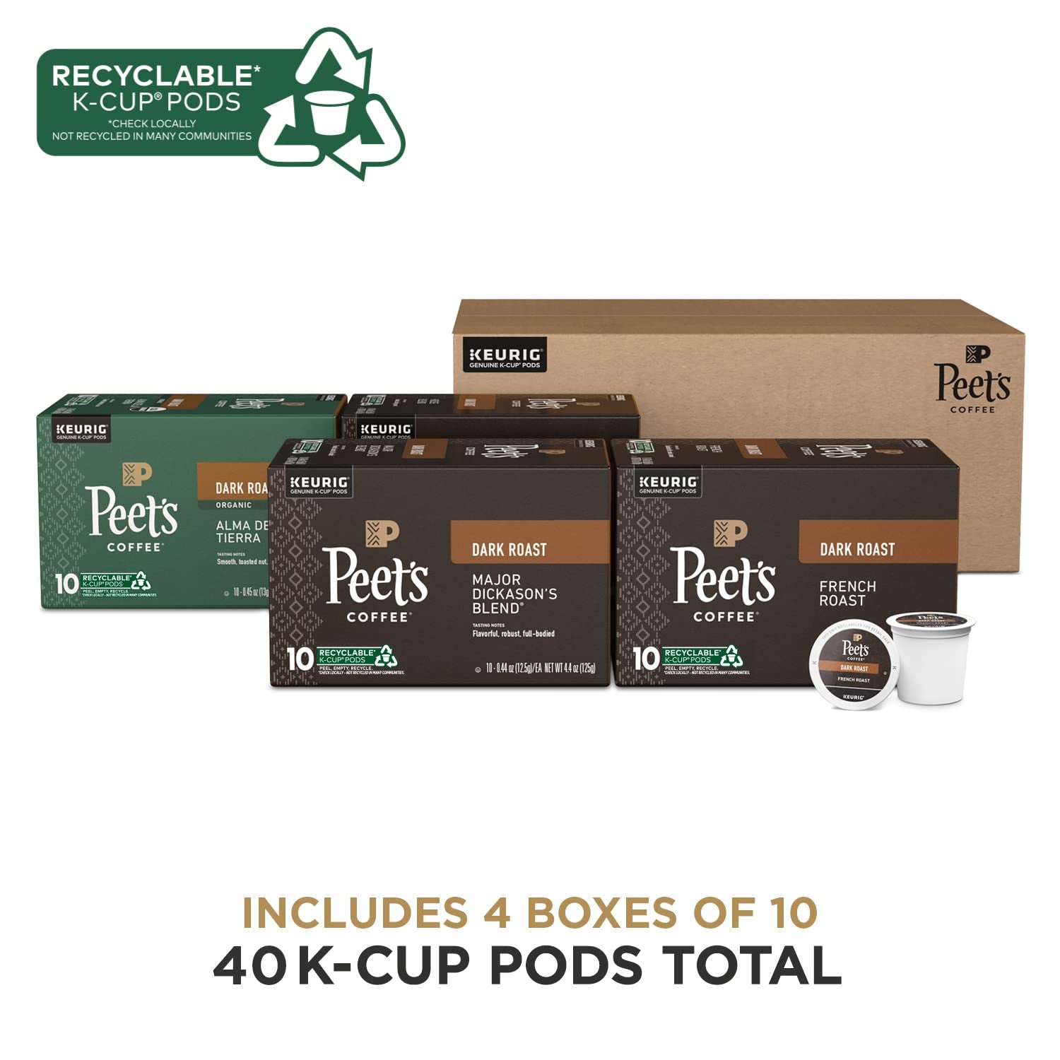 , Keurig K-Cup Pods Dark Roast Variety Pack - Major Dickason'S Blend, French Roast, Organic Alma De La Tierra, House Blend, 40 Count (4 Boxes of 10 K-Cup Pods)
