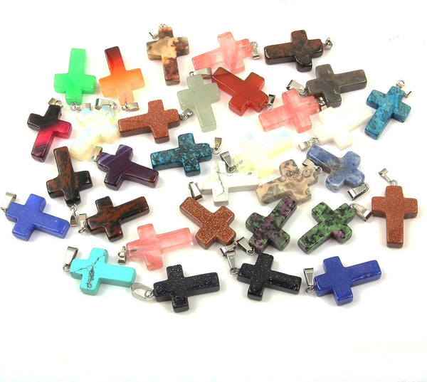Wholesale 20 Pieces Natural Stone Pendants Charms, Cross Shape Chakra Beads Crystal Quartz Healing Charms for DIY Necklace Jewelry Making,18X25Mm, Assorted Color