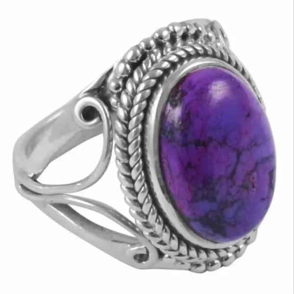 Natural Purple Turquoise Silver Color Ring Large Stone HANDMADE GEMSTONE Ring Vintage Style Rings Wedding Engagement Party Jewelry Size 5-11 Bague Femme