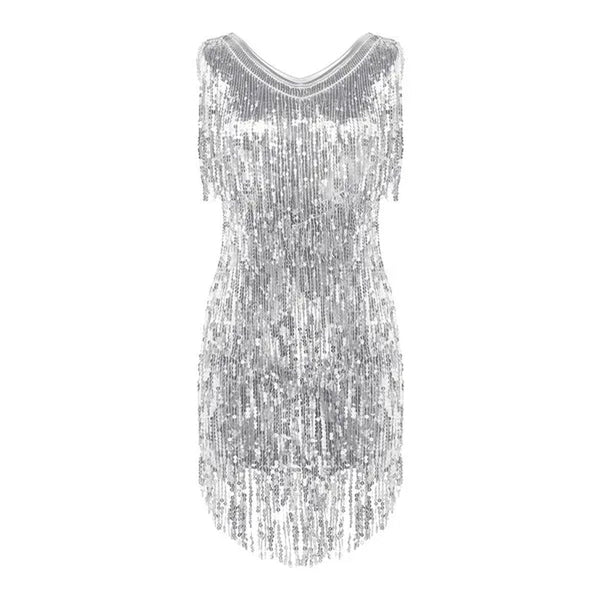 Women's Gowns V Neck Sparkling Sequin Tassels Rhythm Ballroom Salsa Samba Rumba Tango Latin Dance Dress