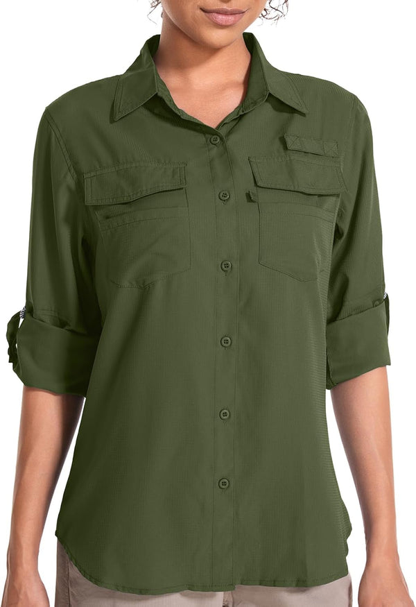 Women'S UPF 50 UV Sun Protection Long Sleeve Safari Shirts Quick Dry Hiking Travel Fishing Outdoor Cool Shirts
