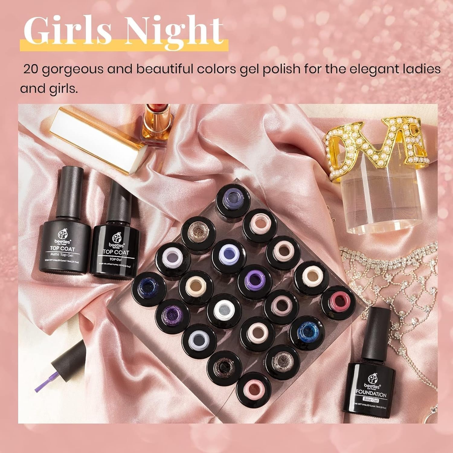 Beetles 23Pcs Gel Nail Polish Kit with Glossy Matte Top Coat and Base Coat Girls Night Collection White Nude Gray Glitters Gel Nail Polish Set U V Soak Off Holiday Manicure for Women Girls