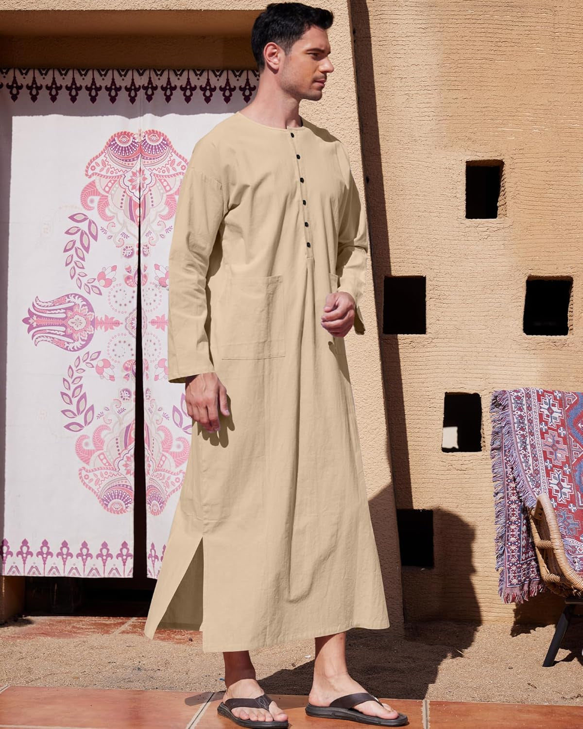 Men'S Kaftan Thobe Long Sleeve Muslim Robe Button up Side Split Kaftan Thobe with Pockets