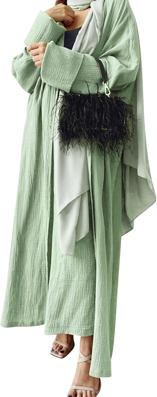 Cotton Prayer Clothes for Muslim Women 2 Piece Open Cardigan Robe Wide Leg Pants Islamic Abayas for Women Prayer Dress