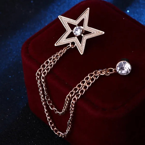 New Crystal Pentagram Brooch Pin Fashion Tassel Chains Suit Shirt Badge Collar Lapel Pin for Men and Women Jewelry Gifts