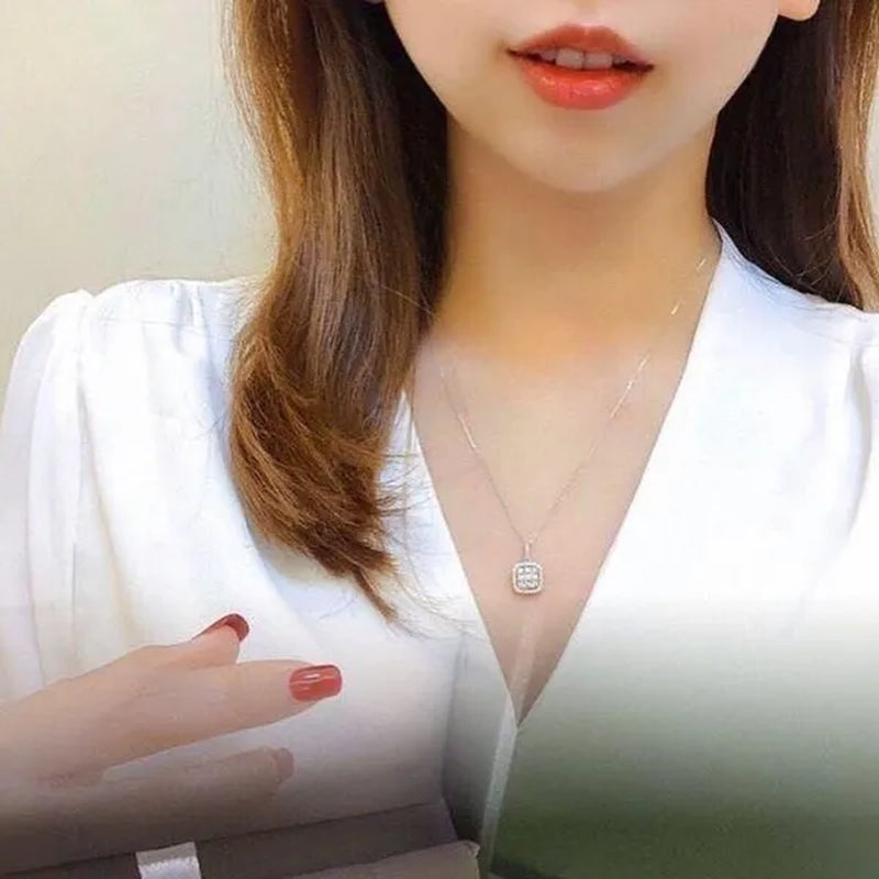 Necklace Earring Jewelry 925 Silver Micro Pave Diamond Square Pendant Necklace for Women Bridal Wedding Clavicle Necklace