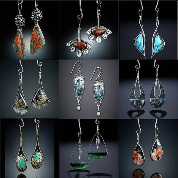 1 pair Antique 925 Sterling Silver Pendant Earrings Natural Gemstone Inlay Dangle Earrings Bridal Engagement Wedding Anniversary Gift  Bohemian Style Earrings