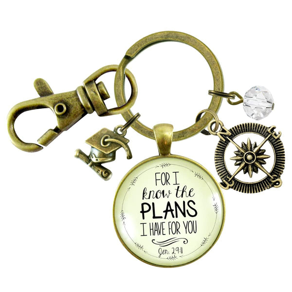 Graduate for I Know Plans Womens Keychain Boho Bronze Faith Jewelry Gift Key Ring - Handmade Pendant Religious Verse Jeremiah 2911 Graduation Tassel Cap Charm & Bead, Ready to Gift Message Card & Box