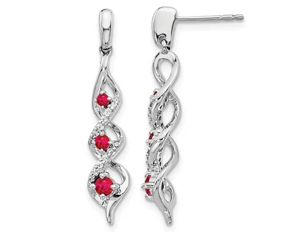 14K White Gold 2/5 Carat (ctw) Ruby Dangle Earrings with Diamonds 1/8 Carat (ctw)