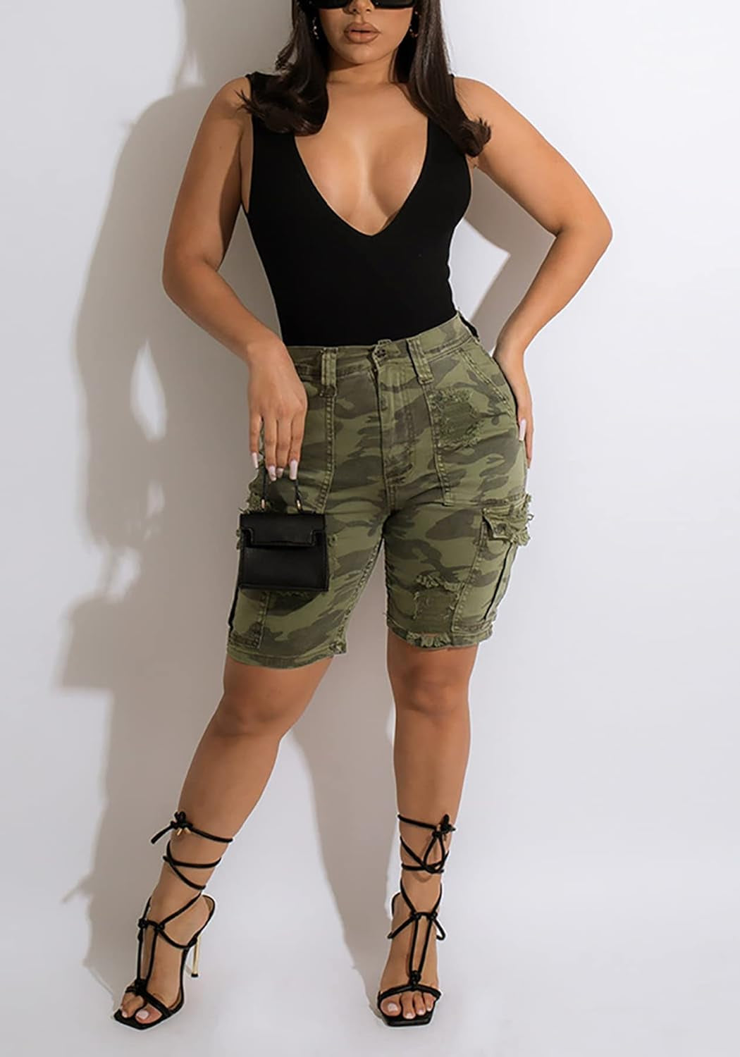 Womens Camo Cargo Shorts High Waisted Casual Trendy Summer Army Fatigue Short Jeans Loose Fit Workout Short Pants