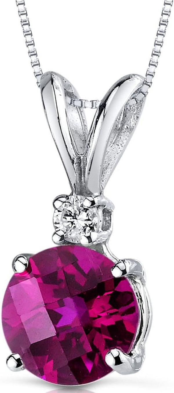 14K White Gold Created Ruby with Genuine Diamond Pendant, Elegant Solitaire, round Shape, 6.50Mm, 1.35 Carats Total, Sparkling V-Day Gift, Valentine'S Gift for Her, Wife, Sister