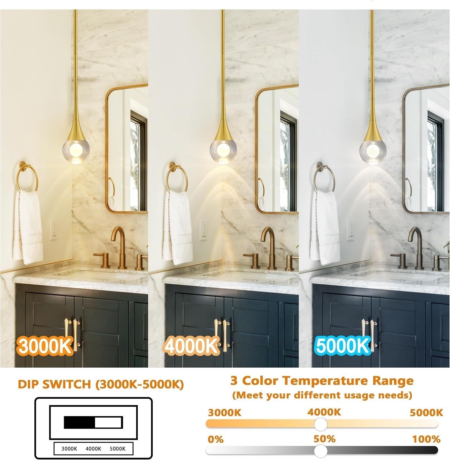 1-Light Pendant Lights Kitchen Island, 8W 3 Color Temperature Dimmable LED Pendant Light Fixtures, Gold Hanging Crystal Teardrop Pendant Lights for Bathroom, Bedroom