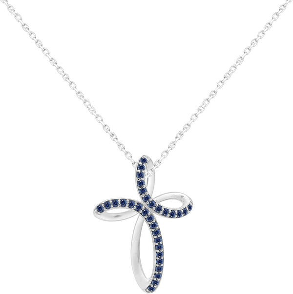 1.2MM round Cut Blue Sapphire Infinity Cross Necklace Pendant - 14K White Gold over 925 Sterling Silver Twist Cross Necklace for Women with 18" Chain (Clarity-Vvs1, Color-Blue, 0.12 Carat)
