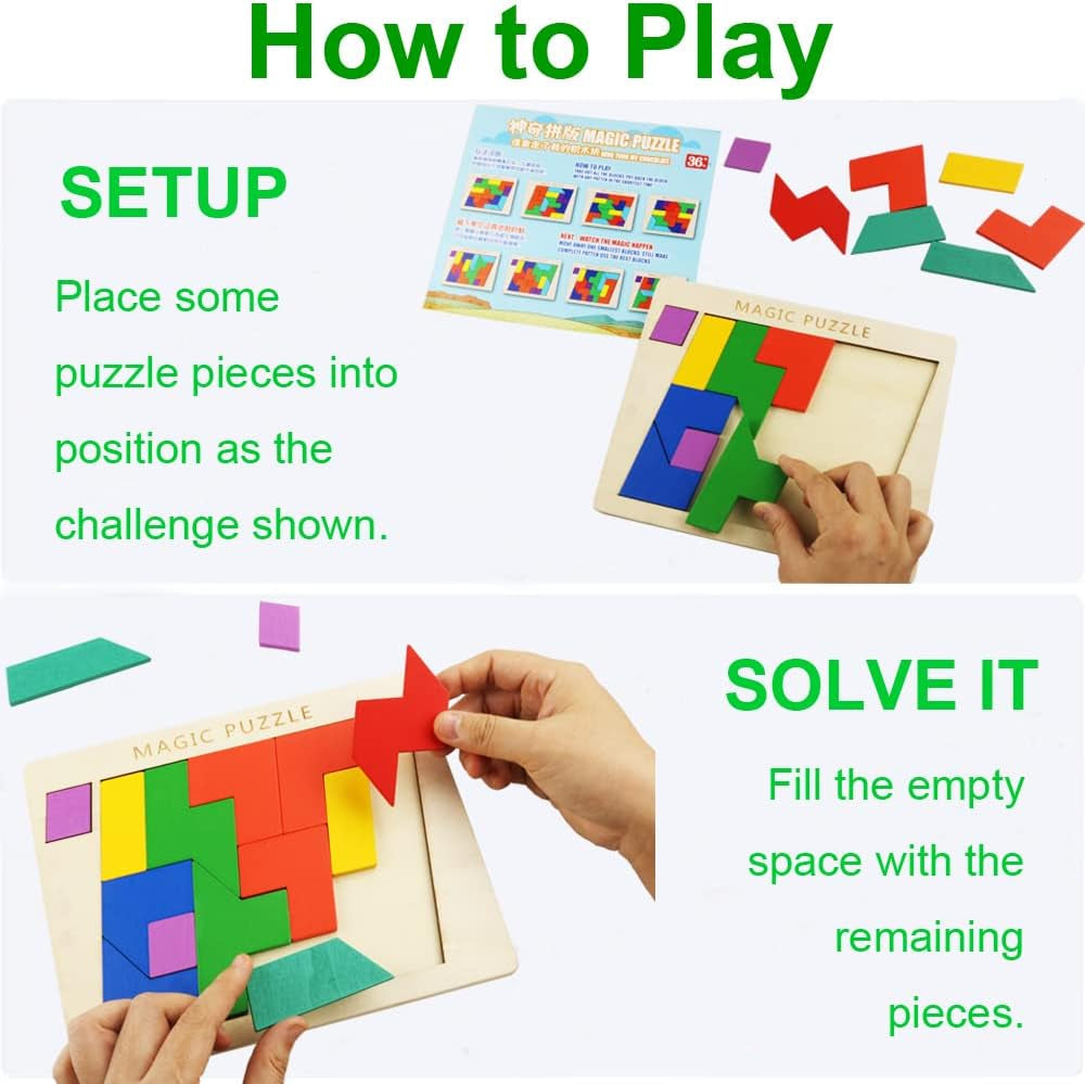 2 Pack Wooden Puzzle Blocks Geometric Tangram + Russian Blocks Puzzle for Kids & Adults, Intelligence Brain Teasers Toy Wooden Puzzle for All Ages Challenge STEM Educational Gift for Children