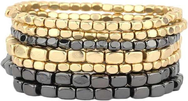 Chunky Nugget Multi-Strand Bracelet Beads - Silver & Gold Bracelets Stack for Casual & Formal Wear - Stylish Gold Beaded Bracelets for Women (Set of 7)