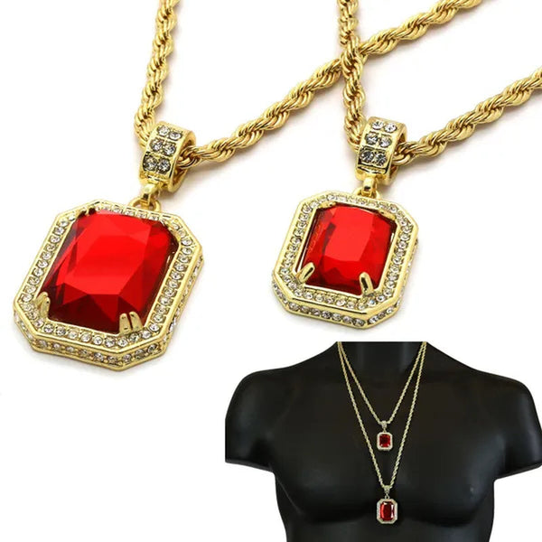 Men'S 14K Gold Plated High Fashion 2 Square Simulated Ruby Pendant 4Mm 30" & 24" Rope Chains Necklace