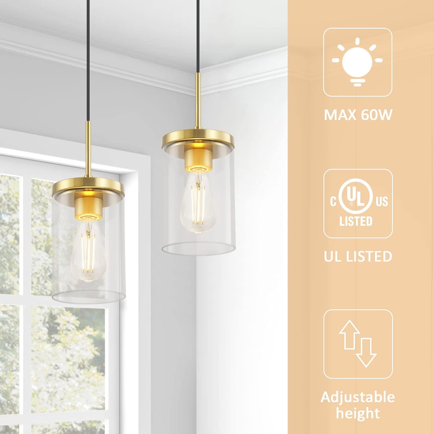 Gold Pendant Light Fixtures,5 Inch Globe Pendant Lights Kitchen Island with Clear Glass,Hanging Lights for Kitchen Island, Dining Room, Bedroom, Hallway, Farmhouse - 2 Pack