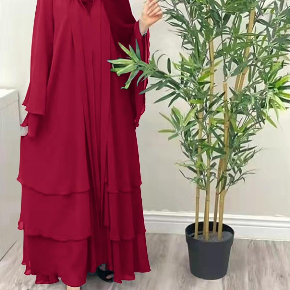 Muslim Chiffon Abaya for Women Open Front Cardigan Modest Dress with Hijab Scarf Middle East Arabian Robe Islamic Long Dress