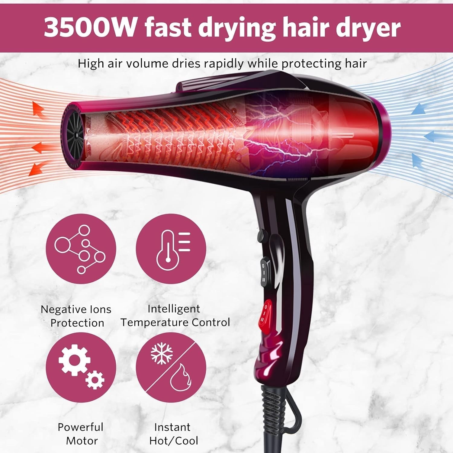 Professional Hair Dryer Ionic Blow Dryer 3500 Watt Powerful Salon Hair Dryers Ceramic Tourmaline Quick Dry Blow Dryer with AC Motor Concentrator Diffuser Attachments