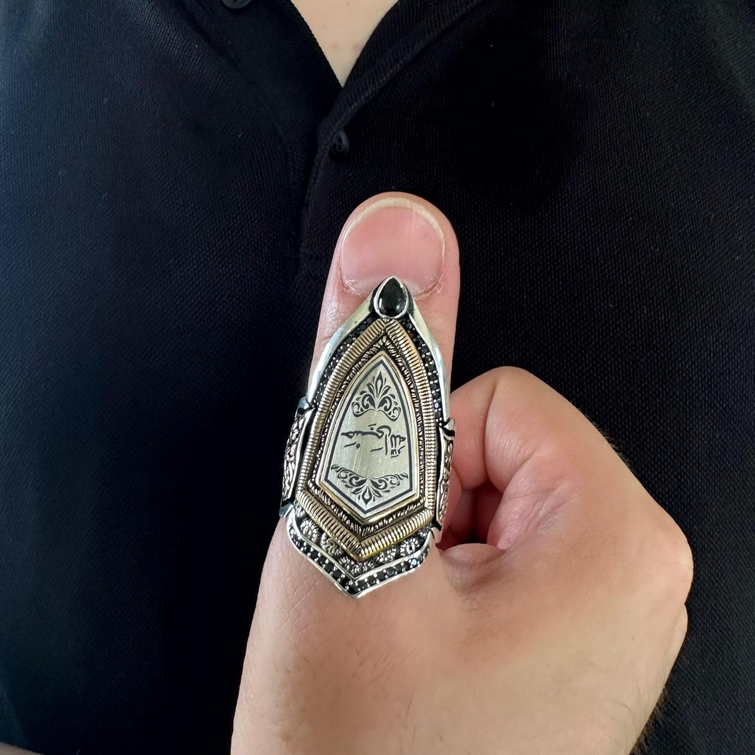 925 Sterling Silver Adjustable Hasbi Allah (Allah Is Sufficient for Me) Islamic Men'S Ring, with Cubic Zirconia Handmade Turkish Style Ring, Religious Muslim Jewelry Gift for Men