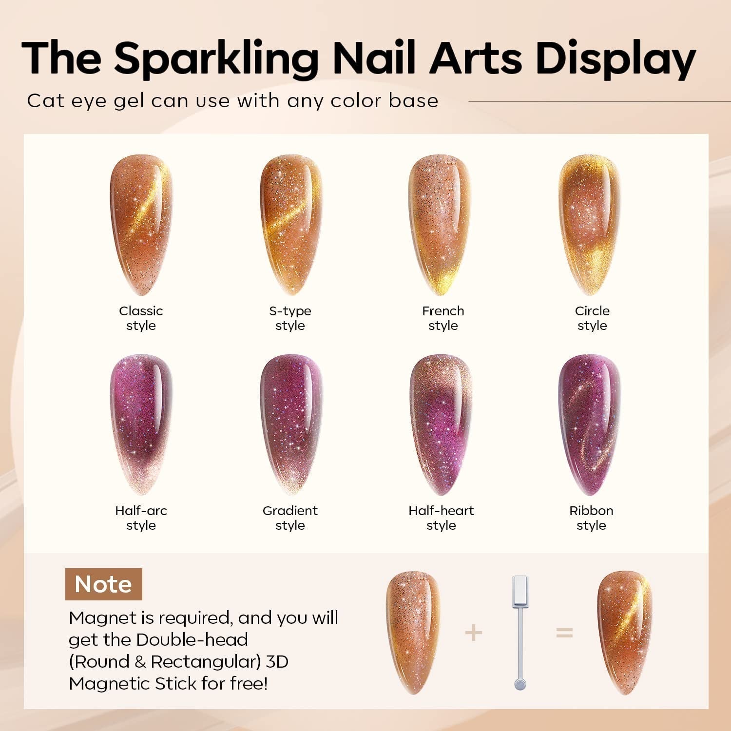 Gel Nail Polish Set, 6 Colors Nude Brown Gel Polish Glitter Burgundy Shiny Champagne Gold Magnetic Cat Eye Effect Sparkle Stunning Home Nail Art Kit Gift for Girl Women