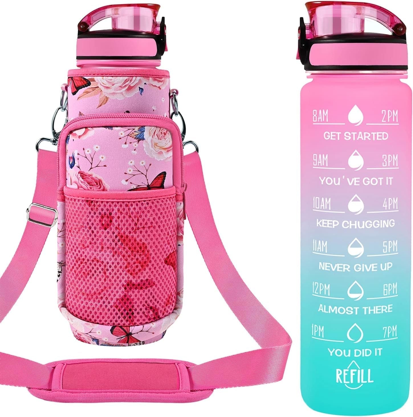 32 Oz Water Bottles with Straw & Strap, Motivational Water Bottles with Times to Drink, BPA Free Reusable Sports Water Bottle with Sleeve Carrier for Hiking, Travel, Running or Fitness