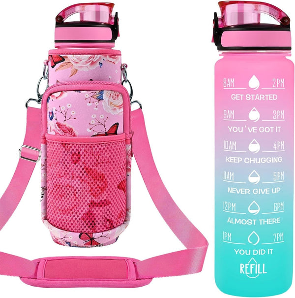 32 Oz Water Bottles with Straw & Strap, Motivational Water Bottles with Times to Drink, BPA Free Reusable Sports Water Bottle with Sleeve Carrier for Hiking, Travel, Running or Fitness